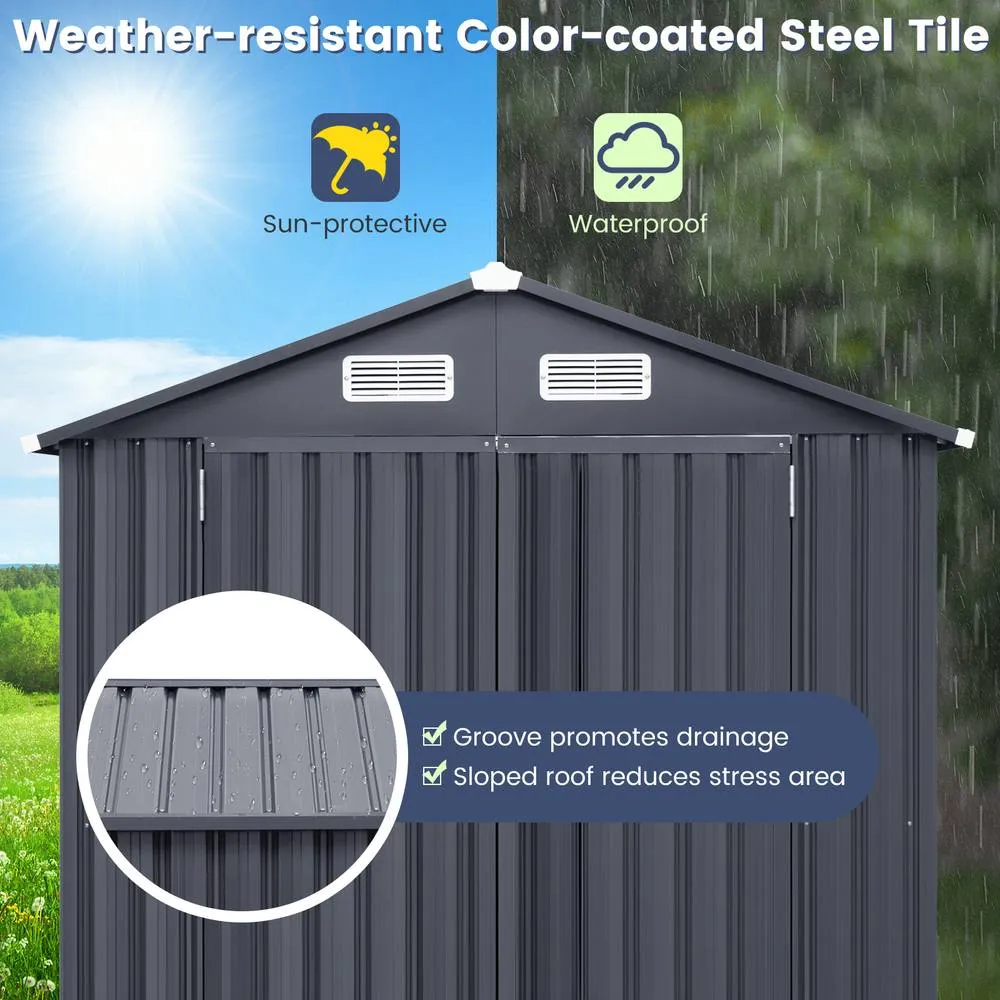 Costway Outdoor Storage Shed Galvanized Metal Tool House w/ Lockable Doors in Dark Grey 6