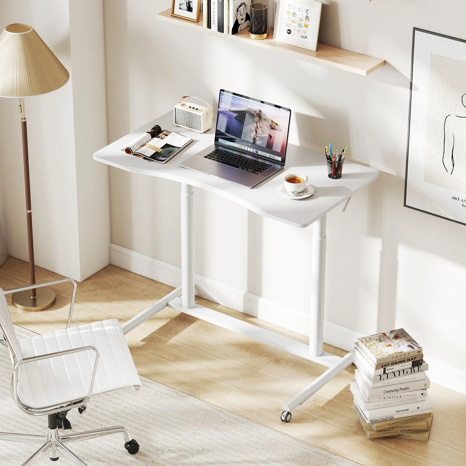 Costway Mobile Standing Desk C-Shaped Sit Stand Desk w/Adjustable Height in White 6