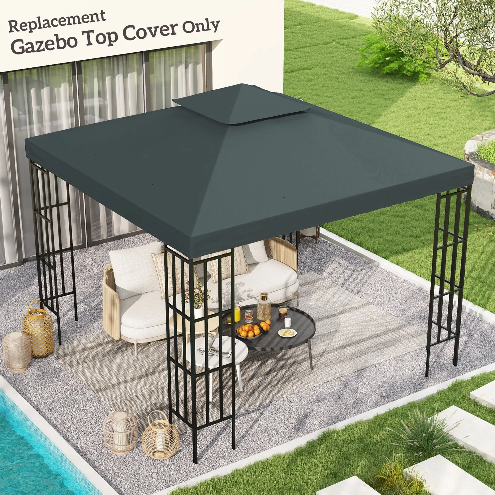 OUTSUNNY 3(m) 2 Tier Garden Gazebo Top Cover Replacement Canopy Roof in Grey 1