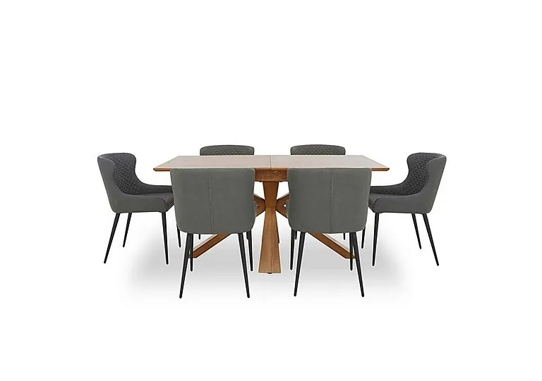 Hanoi Extending Table with Wooden Base and 6 Faux Leather Dining Chairs - Slate Grey