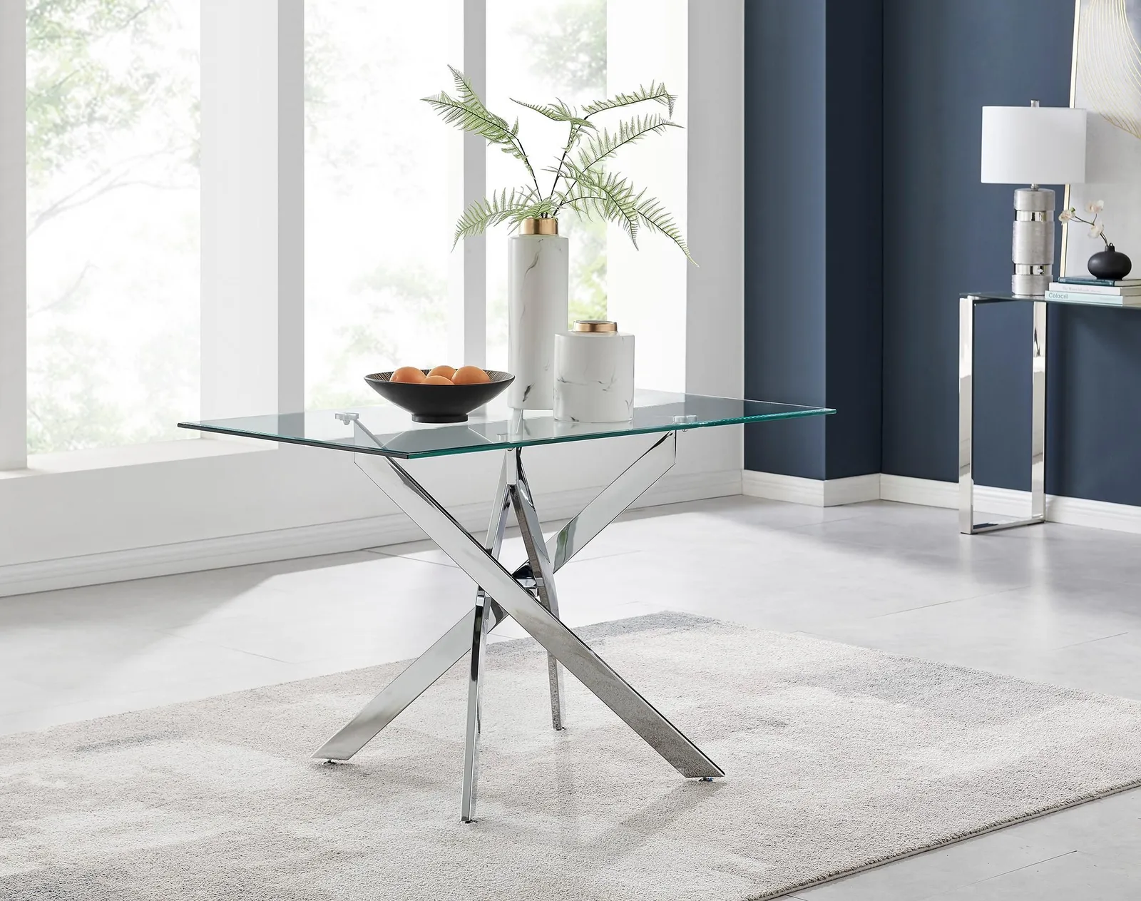 FurnitureboxUK Leonardo Glass & Chrome Metal Dining Table & 4 Milan Chairs Set in Beige 3