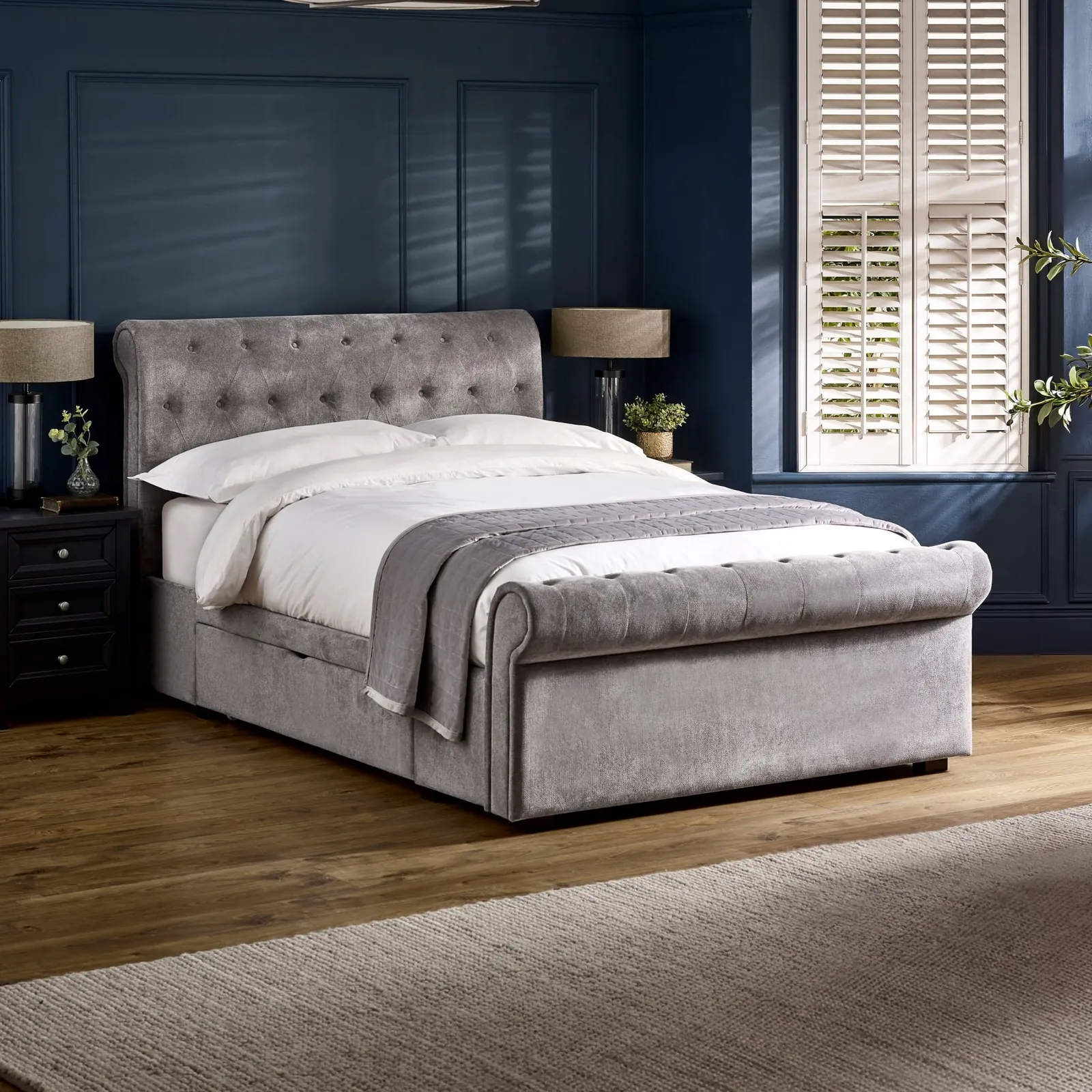 Ravello - Double - 2-Drawer Storage Scroll Bed - Grey - Fabric - 4ft6 - Happy Beds