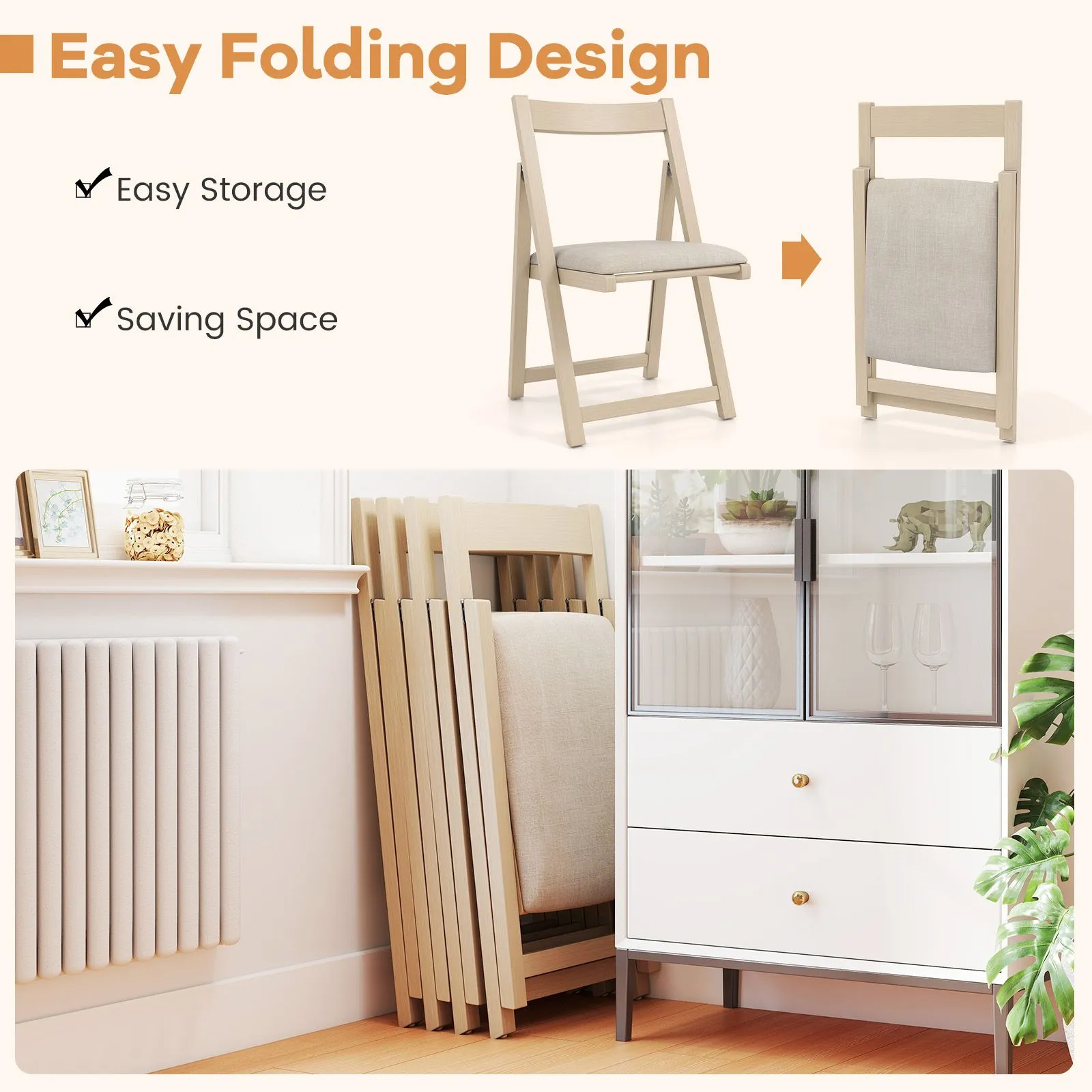Costway Foldable Dining Chair Set of 4 Accent Armless Kitchen Chair in Beige 5