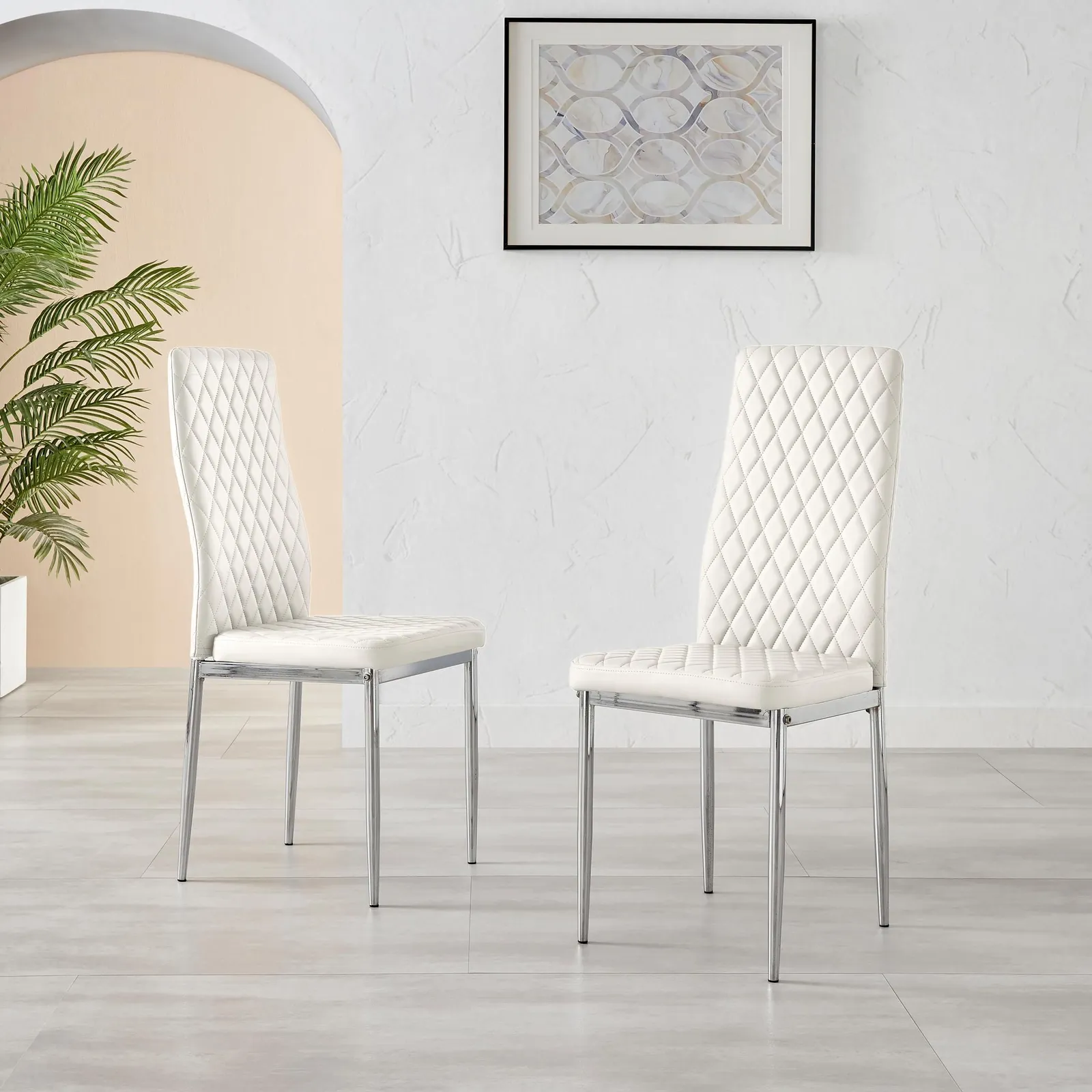 FurnitureboxUK Set of 6 Milan High Back Soft Touch Diamond Pattern Faux Leather Dining Chairs With Silver Chrome Metal Legs in White 2
