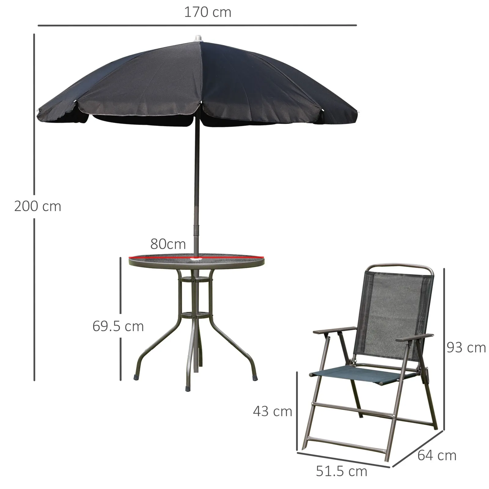 OUTSUNNY 6 Piece Patio Dining Set with Garden Umbrella 4 Folding Chairs in Black 3