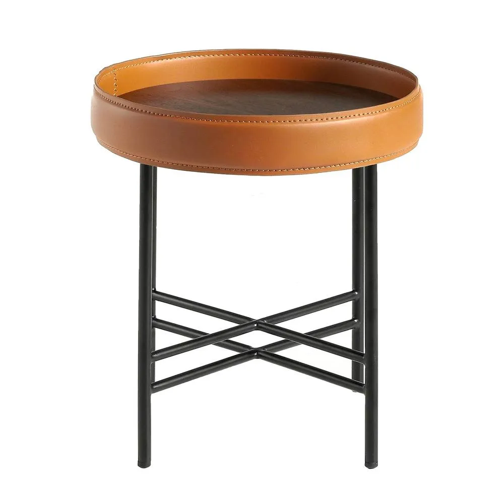 Angel Cerda Round Coffee Table, Walnut Top, Black Steel Legs, Orange Detail in Tan 2