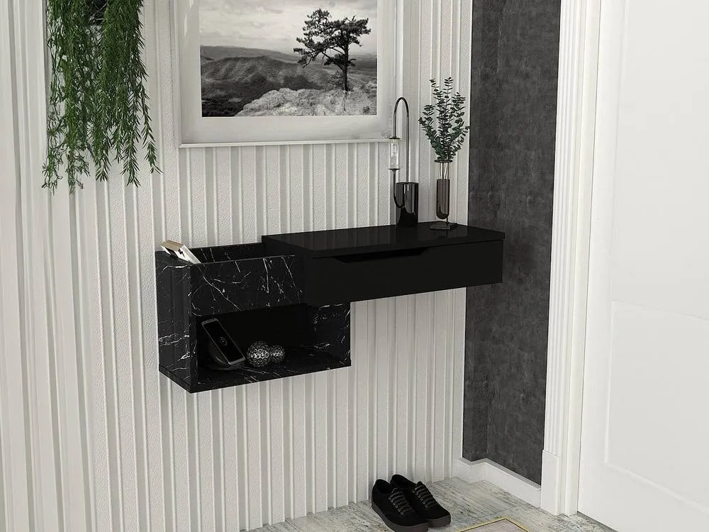 Vente-unique Hanging Console With 1 Drawer & 2 Niches - Black Marble Effect 3