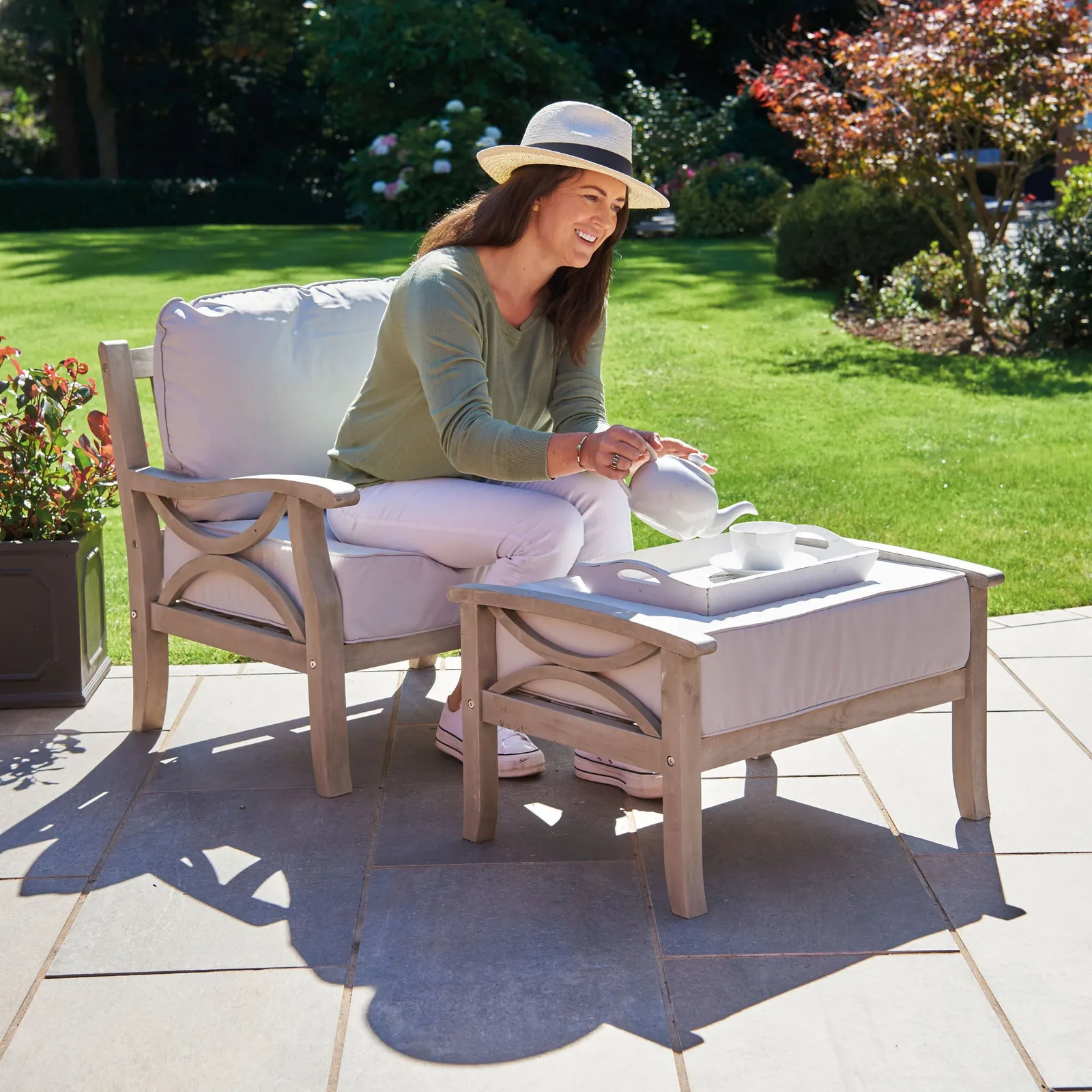 Sorrento Grey Hardwood Armchair with Stool Brown and Grey