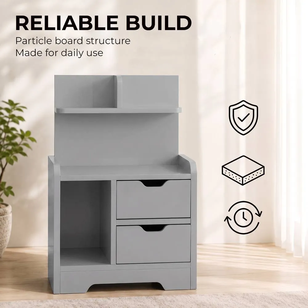 HOMCOM Modern Bedside Table with 2 Drawers & Open Shelves for Bedroom in Grey 6