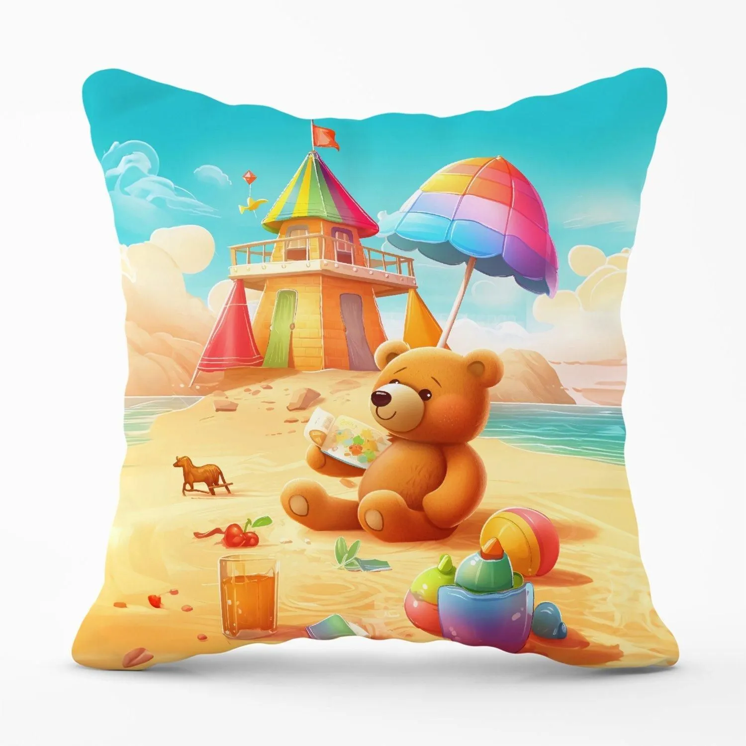 Warren Reed - Designer Bear On A Beach Holiday Outdoor Cushion in Yellow