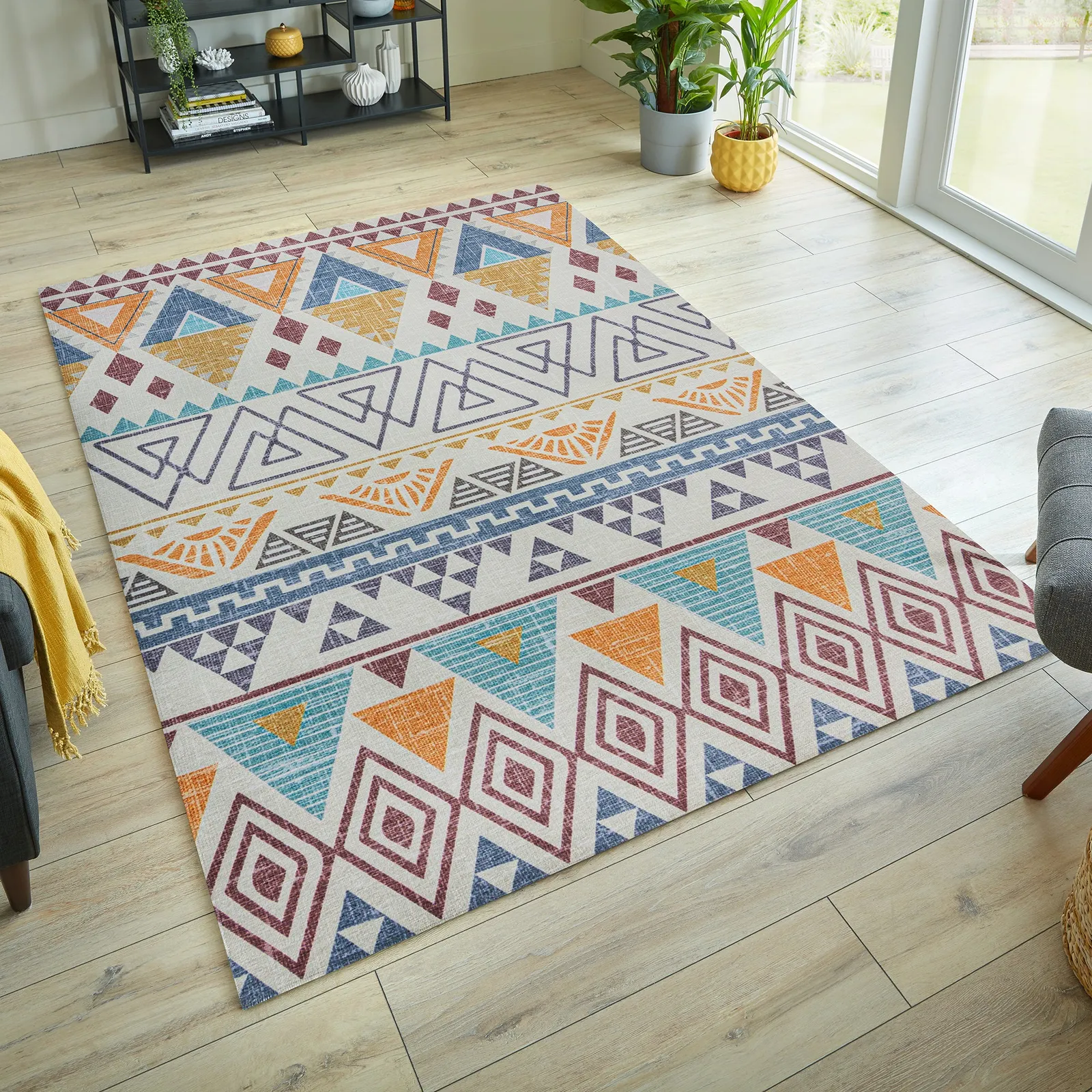 Match Lyle Aztec Washable Rug MultiColoured
