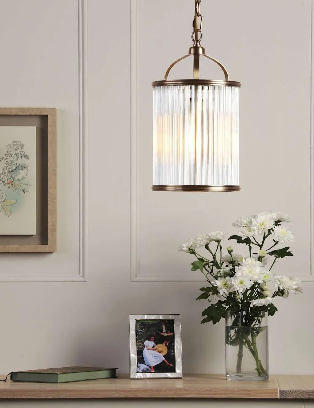 Laura Ashley Sutton Metal & Ribbed Glass Pendant Light Antique Brass