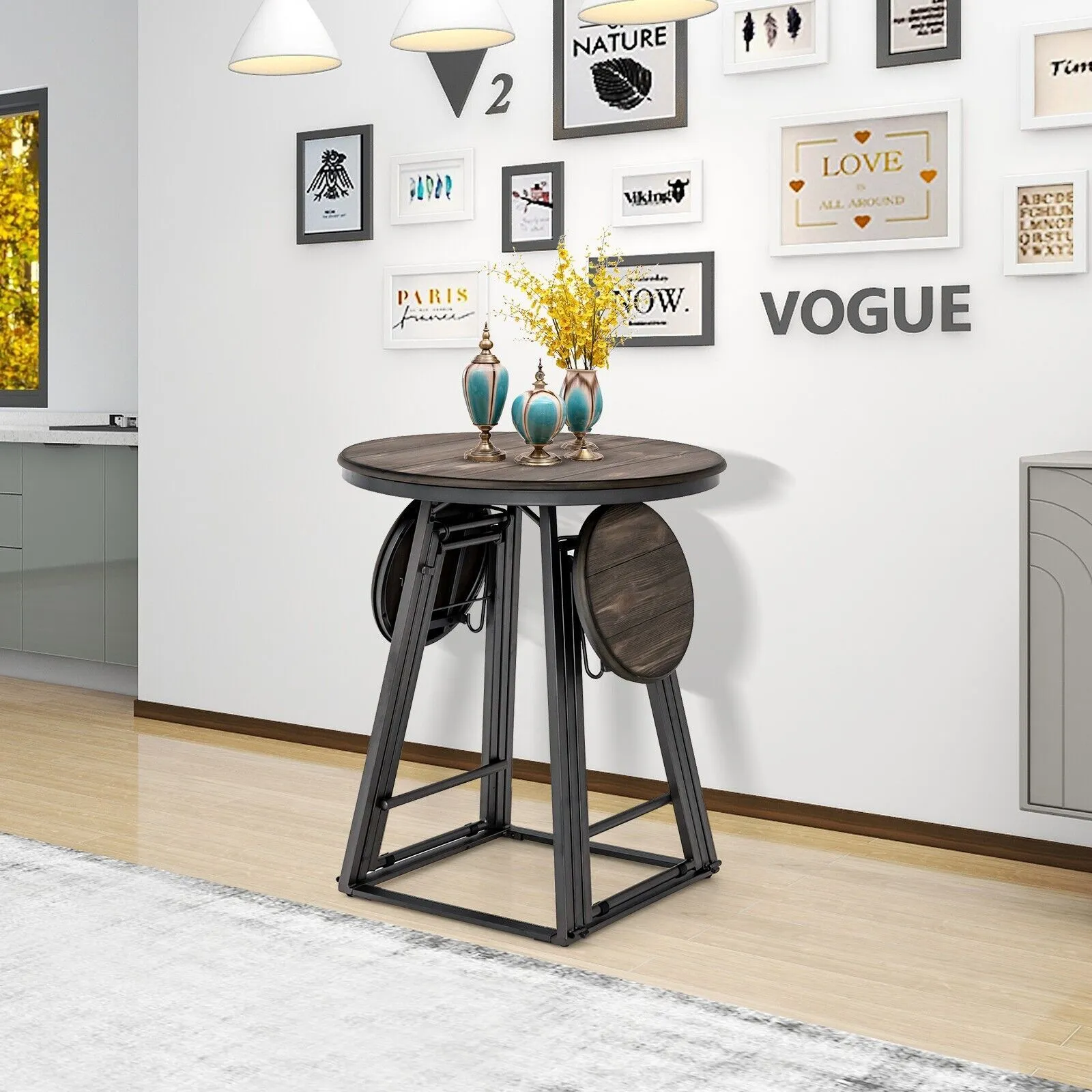 Costway 3-Piece Round Table & Stool Set Dining Bar Table w/ 2 Foldable Stools in Grey 2