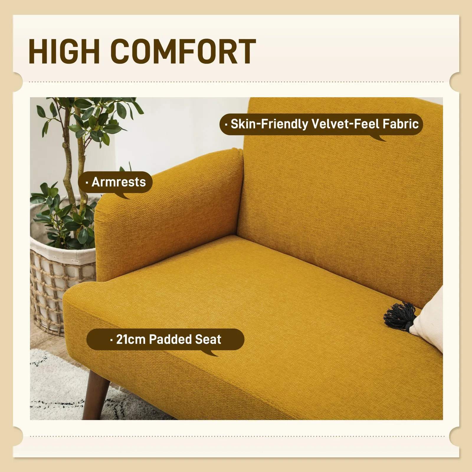 HOMCOM 2 Seater Sofa with 21cm Thick Padding & Wood Legs in Yellow 4