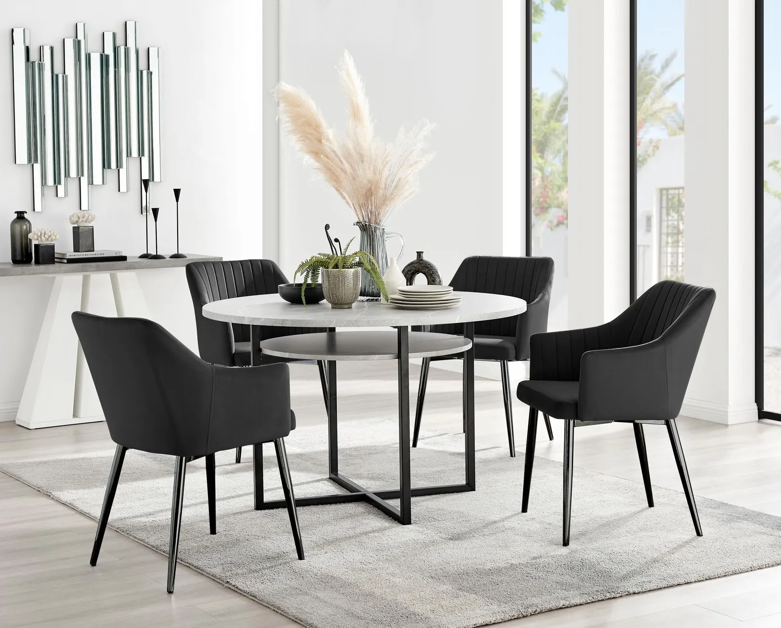 FurnitureboxUK Adley Grey Concrete Effect Round Dining Table & 4 Calla Black Leg Velvet Chairs 1