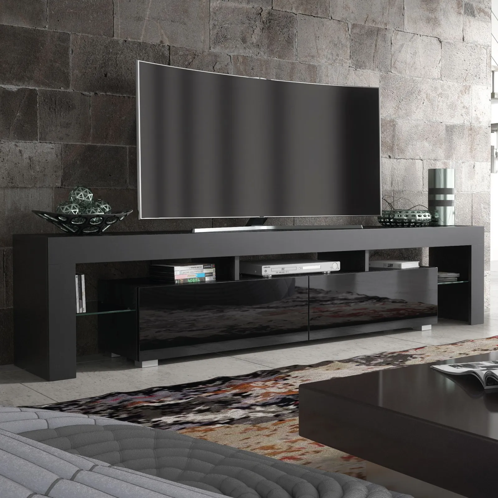 Creative Furniture TV Unit 200cm Modern - Black with High Gloss Doors