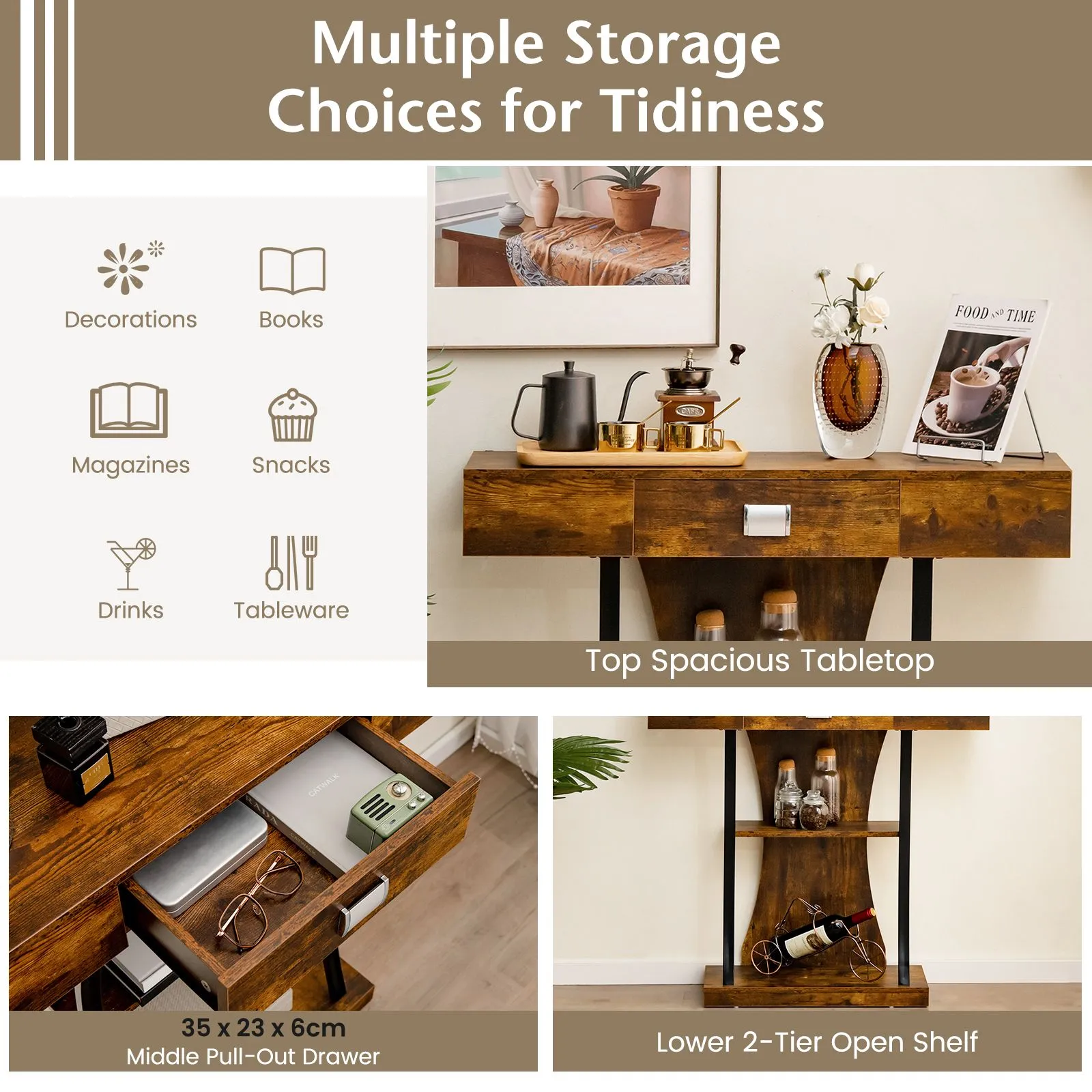 Costway T-Shaped Industrial Console Table Narrow Sofa Side Table Entryway Display Shlves in Brown 5