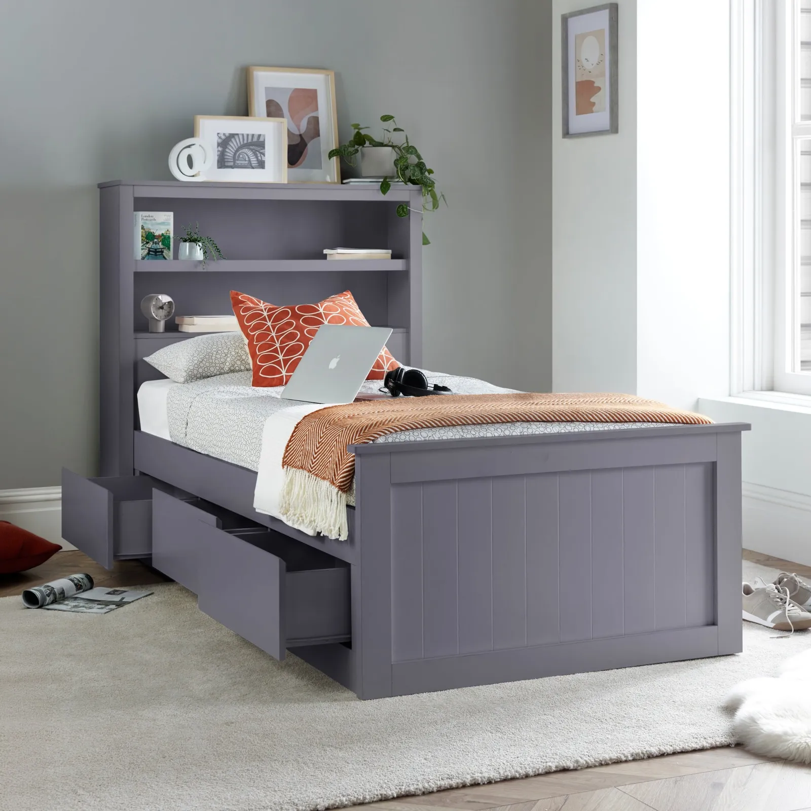 Enzo - Single – Bookcase 3 Drawer Storage Bed - Grey - Wood - 3ft 1
