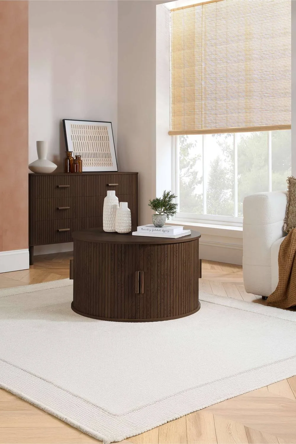Birlea Axel Round Fluted Coffee Table with Storage Walnut in Brown