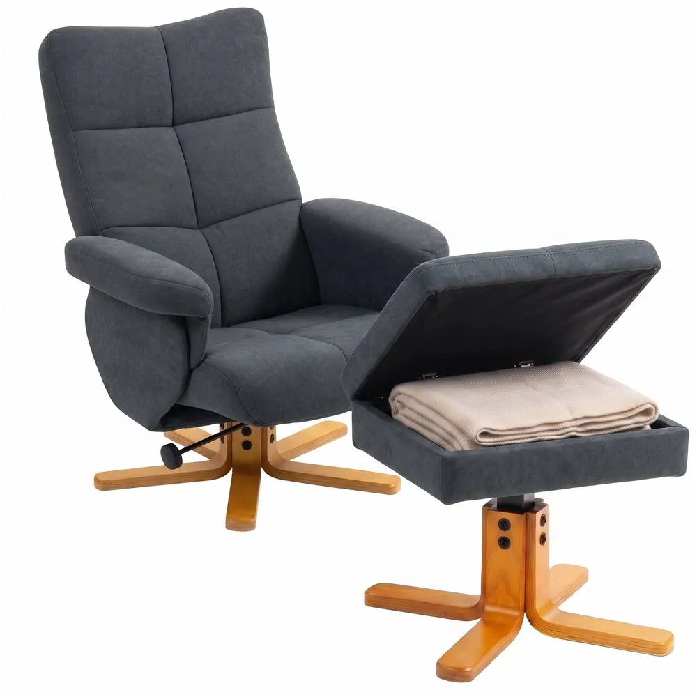 HOMCOM Linen Recliner Chair & Footstool Wooden Base Grey