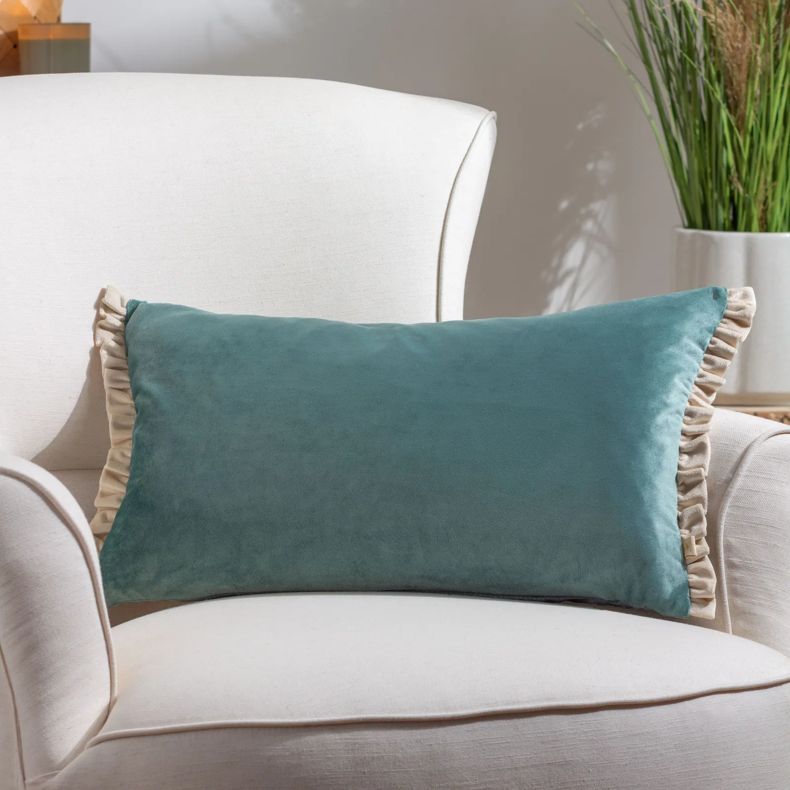 Wylder Tilly Velvet Frill Reversible Cushion in Duck Egg Blue 1