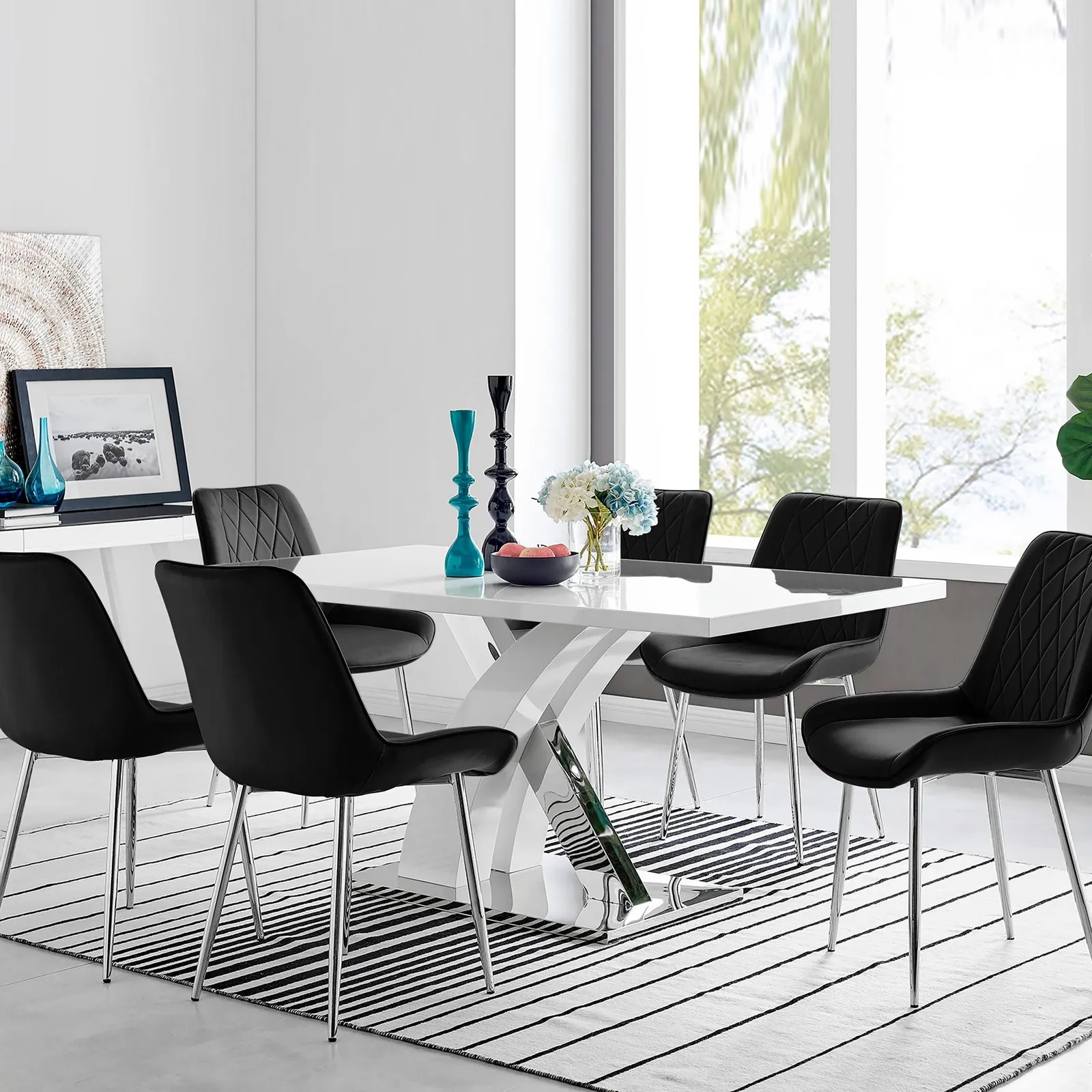 FurnitureboxUK Atlanta 6 White Dining Table & 6 Pesaro Silver Leg Chairs in Black 1