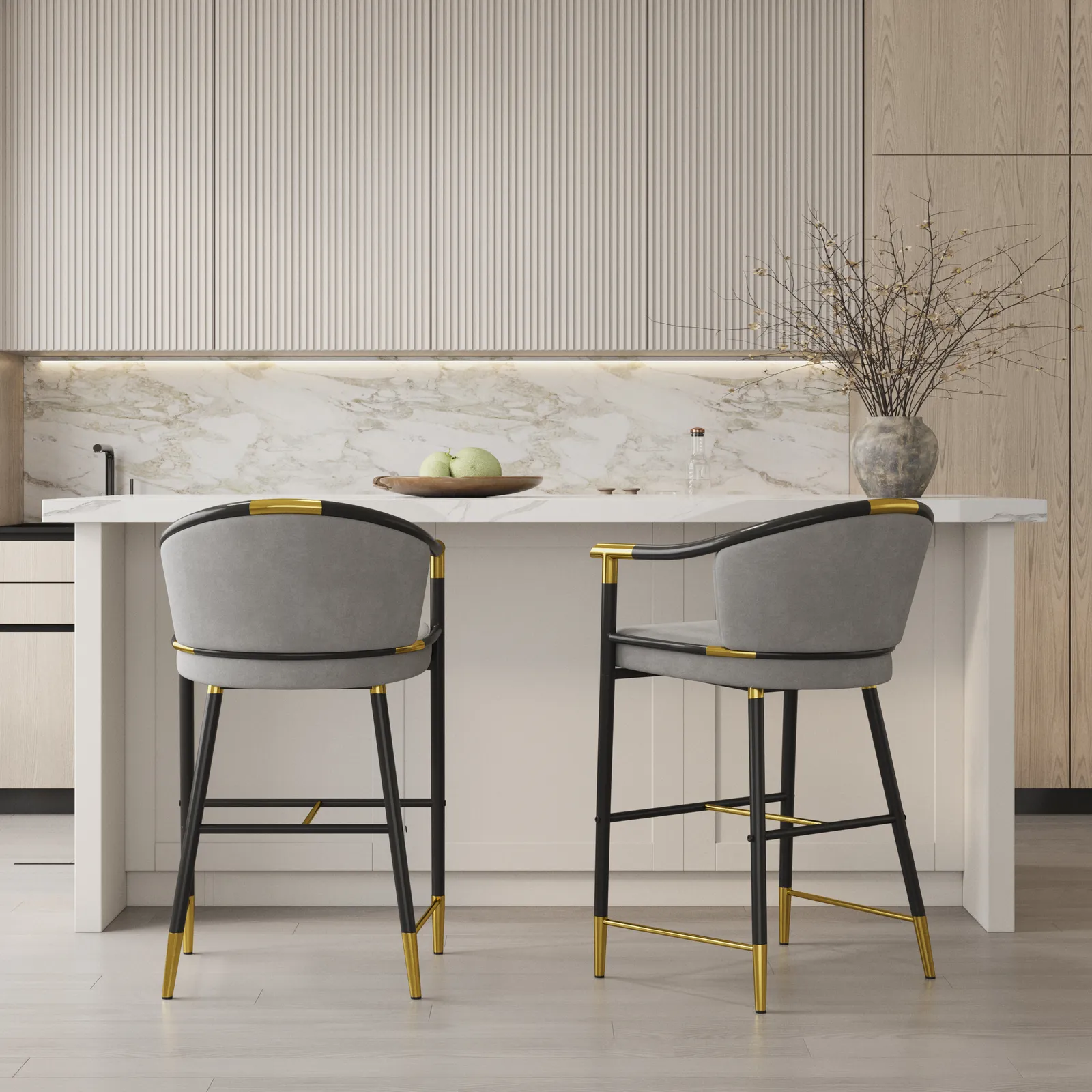 Modern Counter Stools with Velvet Upholstery Gray Bar Stools