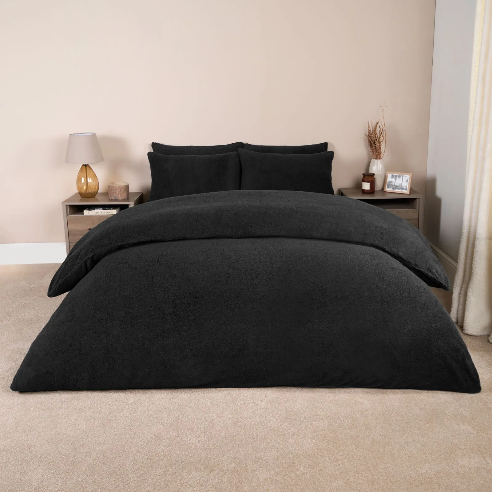 OHS Thermal Soft Teddy Fleece Duvet Cover Bedding Set in Black
