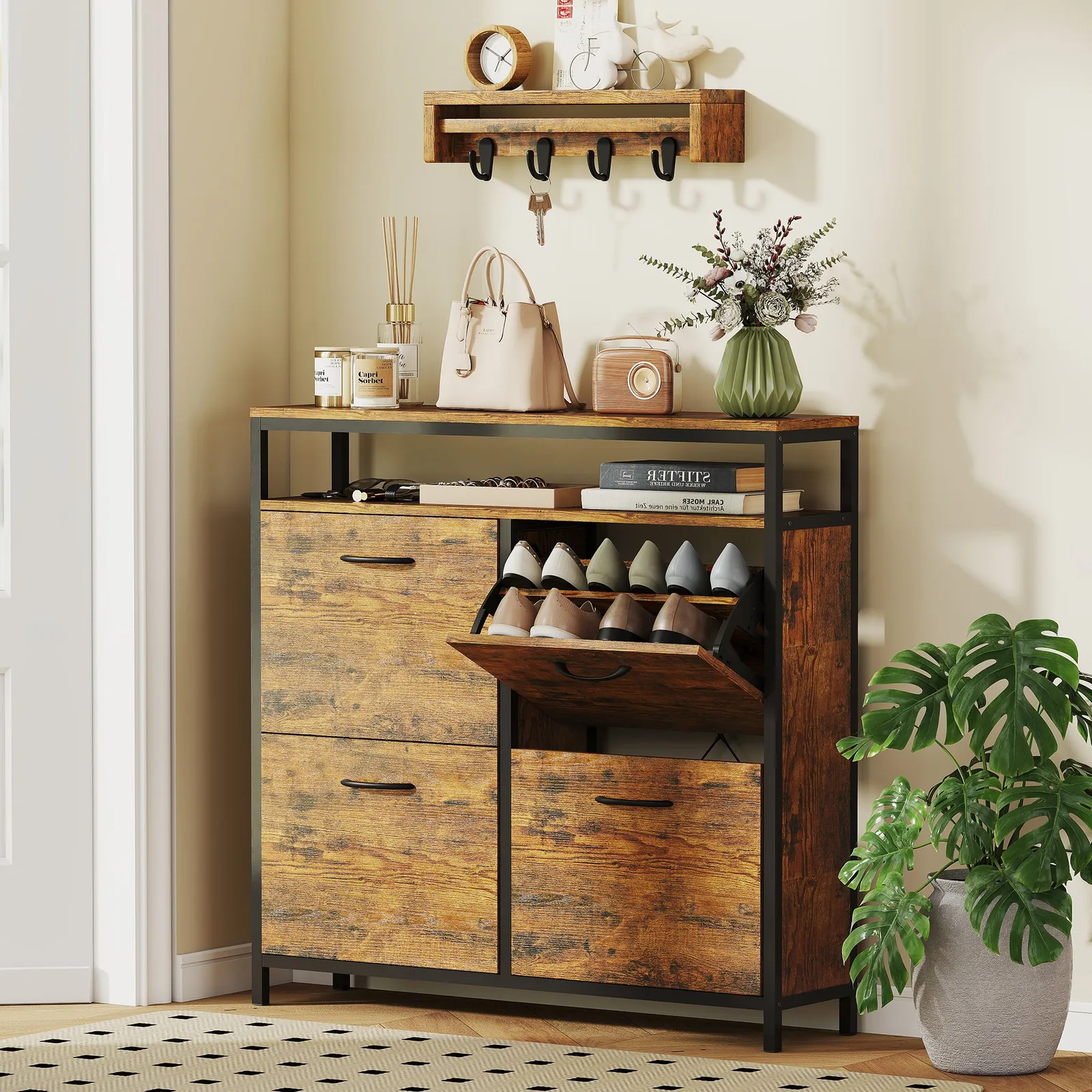 HOMCOM Shoe Cabinet with 4 Flip Drawers, Holds 12-20 Pairs in Brown