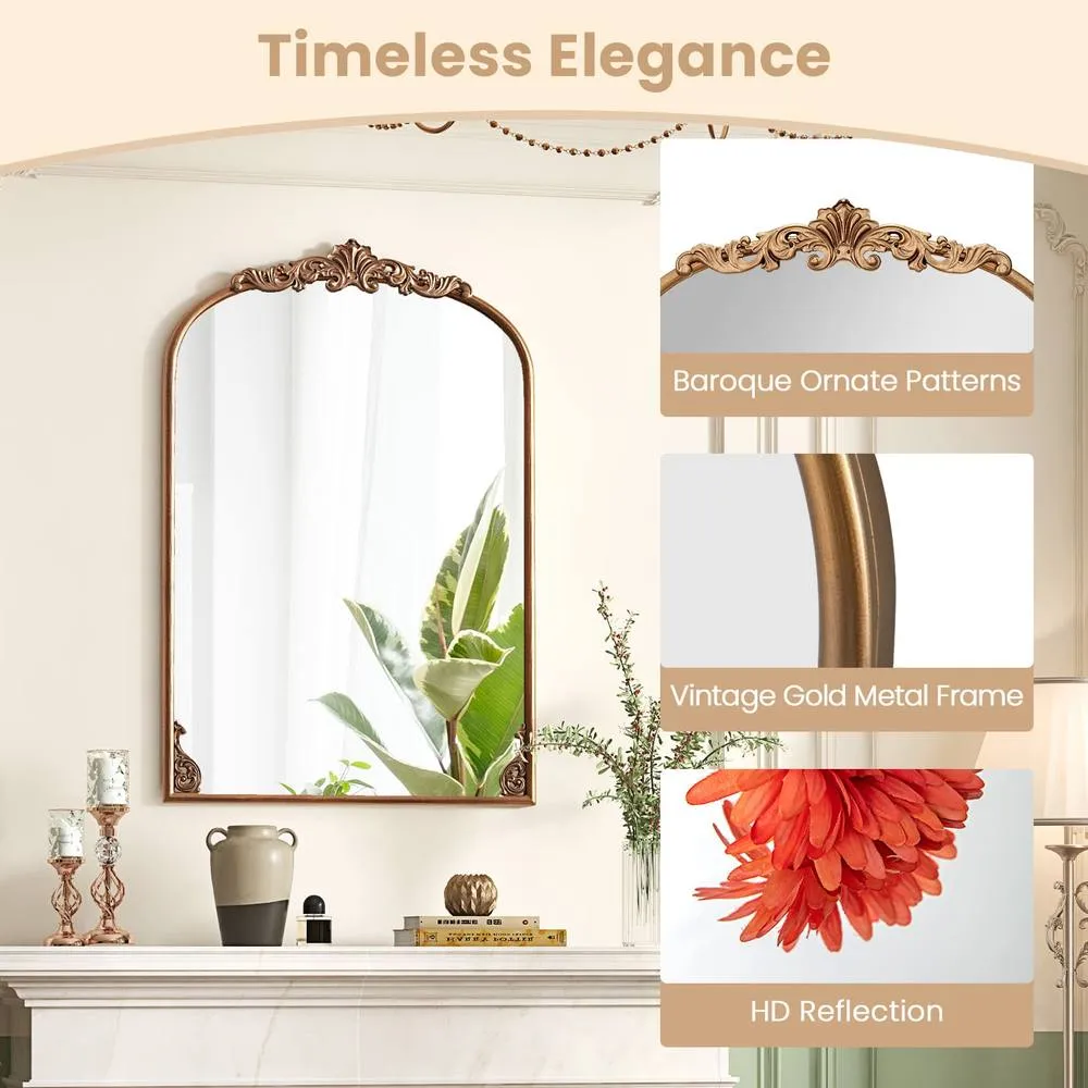 Costway Antiqued Gold Wall Mirror 90 cm x 61 cm Dramatic Arched Mirror 3