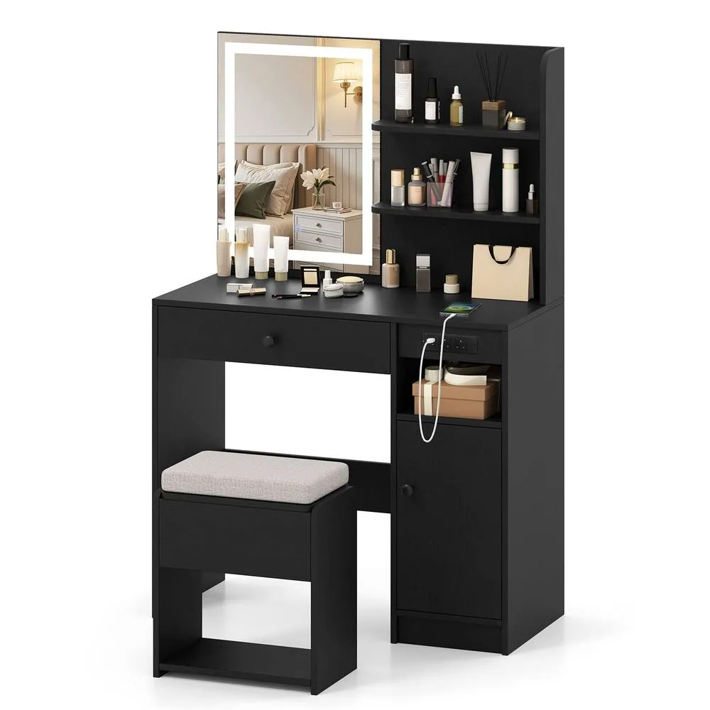 Costway Wooden Vanity Desk w/ Stool Makeup Dressing Table w/Mirror & Lights in Black 3