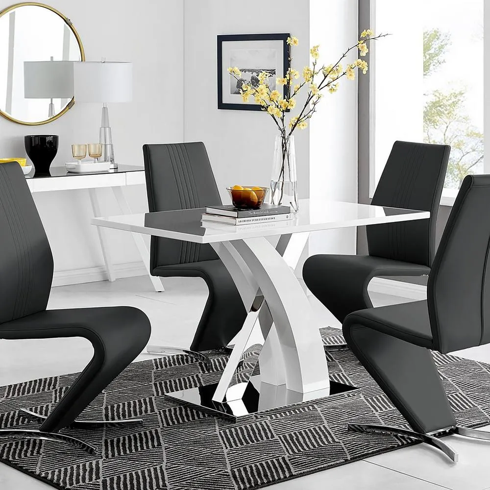 FurnitureboxUK Atlanta White High Gloss Chrome Rectangle Table & 4 Willow Chairs in Black