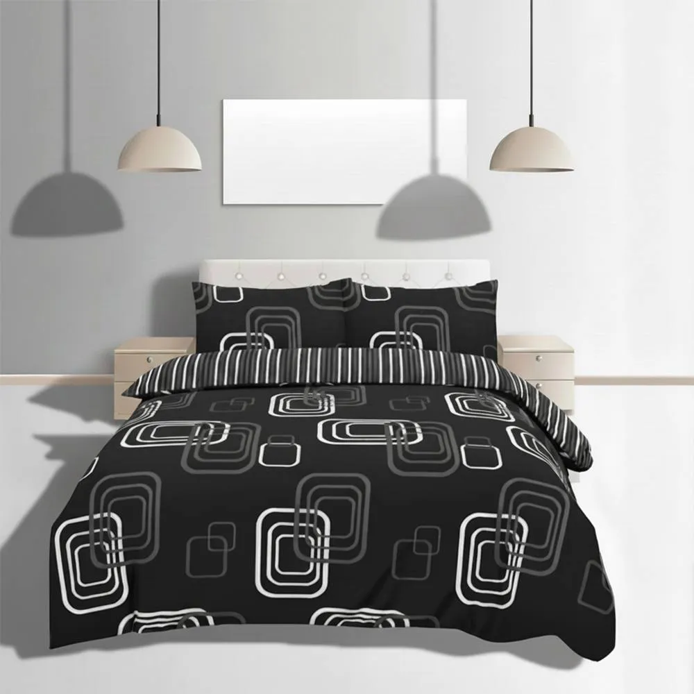 Snug City Duvet Cover & Pillowcase Set Geometric Square Design Bed Linen in Black