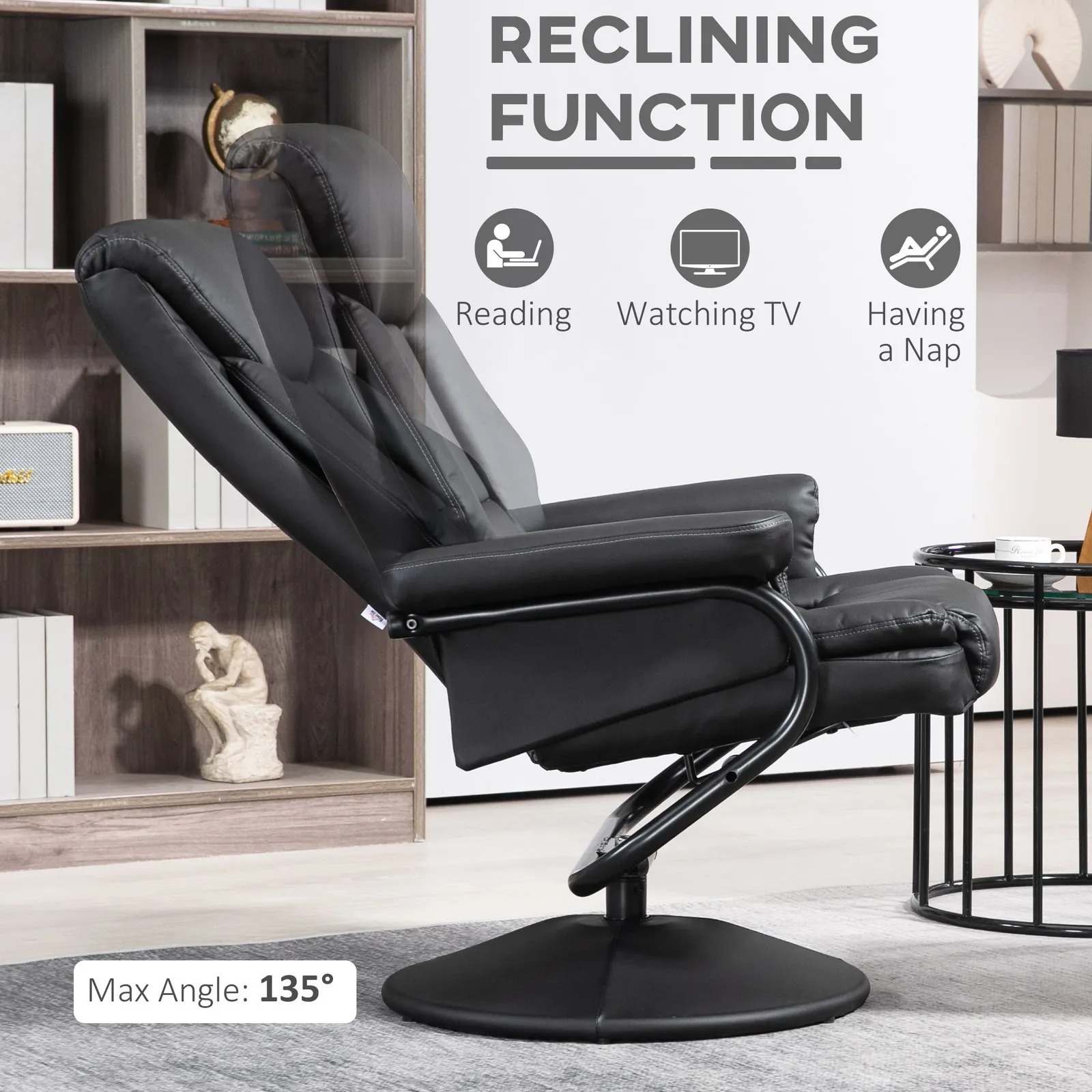 HOMCOM PU Leather Swivel Recliner Armchair with Ottoman, Black 4