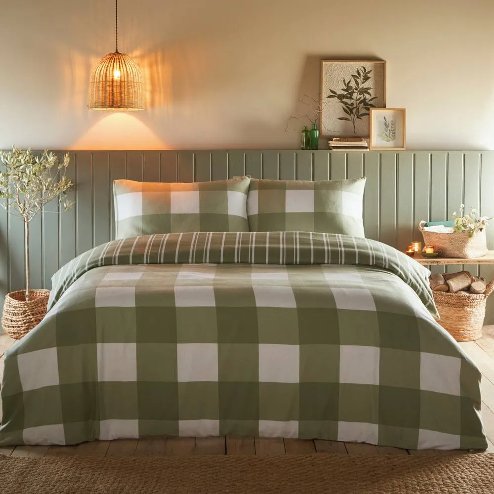 Portfolio Home Glenmore Check Brushed Cotton Striped Reversible Duvet Cover Set in Green 1