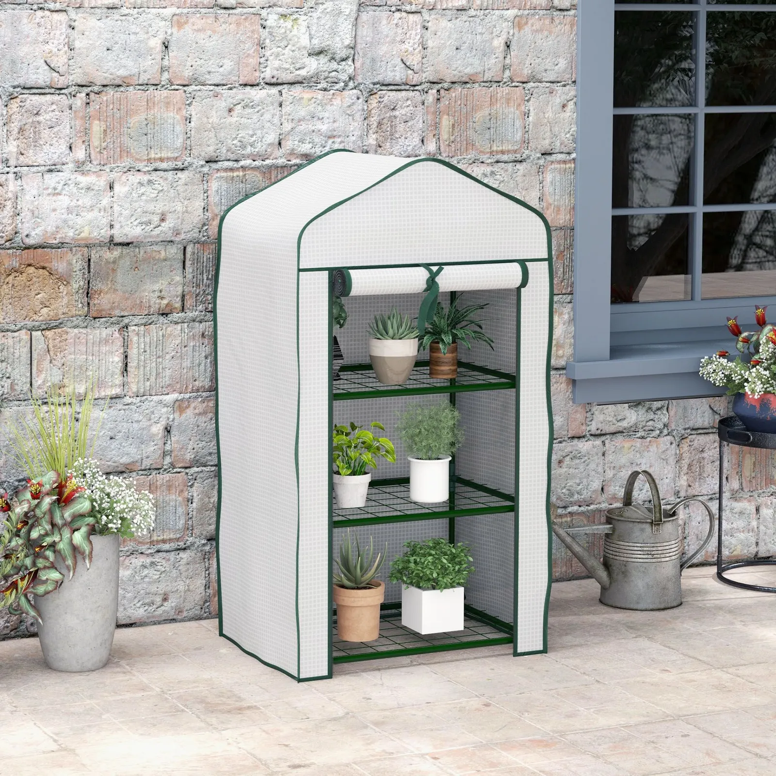 OUTSUNNY Portable Mini Greenhouse with Roll-up Door & Wire Shelves, White