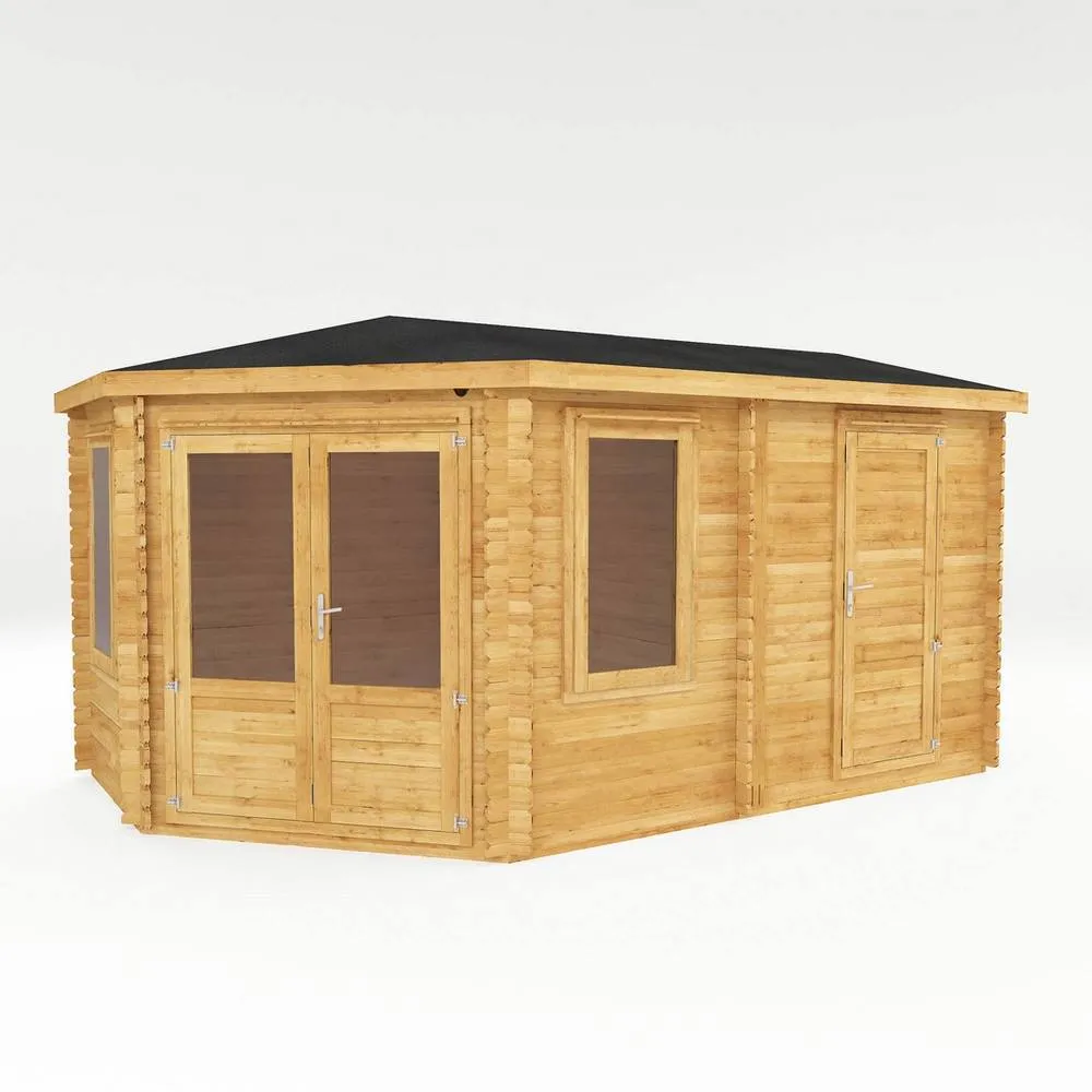 Mercia 5 x 3 m Corner Lodge Plus 28 mm Log Cabin with Side Shed in Brown 3