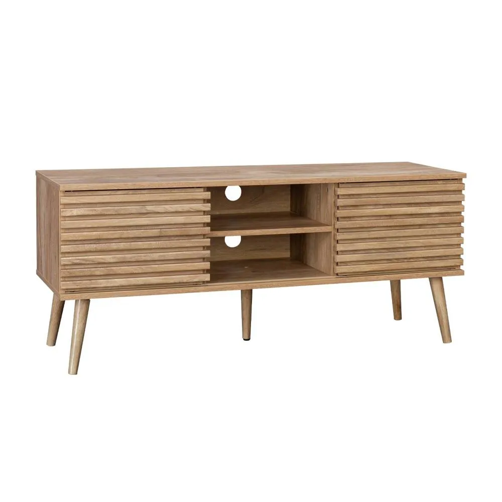 sweeek 120 cm scandinavian TV unit grooved wooden effect 2 doors in Beige 2