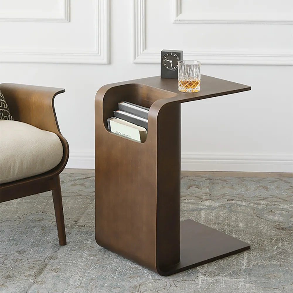 Oak Wood C-Style End Table Decorative Cocktail Table with Magazine Rack Organiser C Side Table in Walnut