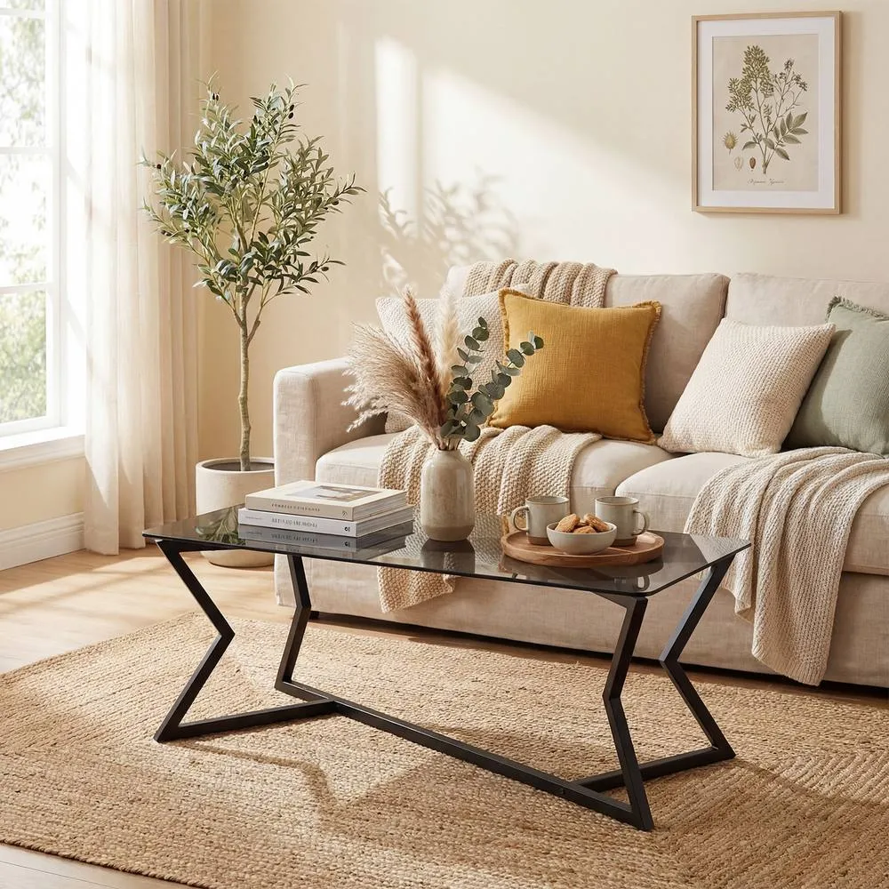 Costway Glass Coffee Table Rectangle Center Table Modern Accent Tea Table in Black 5