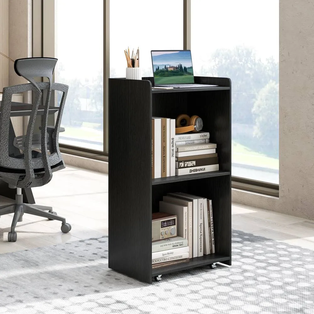 Costway Rolling Lectern Stand 105 cm Presentation Podium w/2 Shelves-Black in Black 4