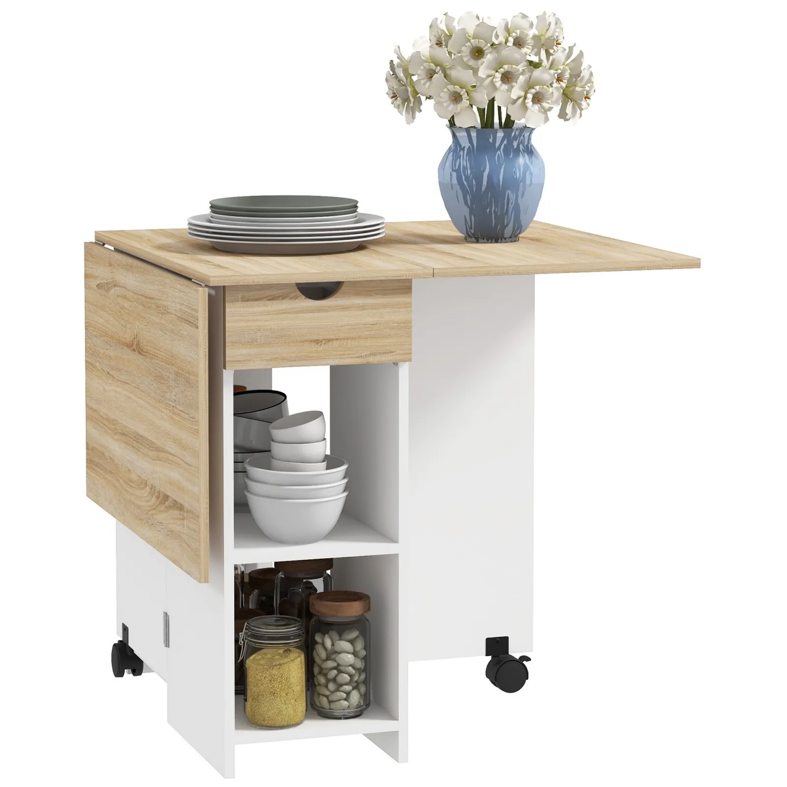 HOMCOM Foldable Dining Table, Drop Leaf Table with Storage for Kitchen in Light Oak 2