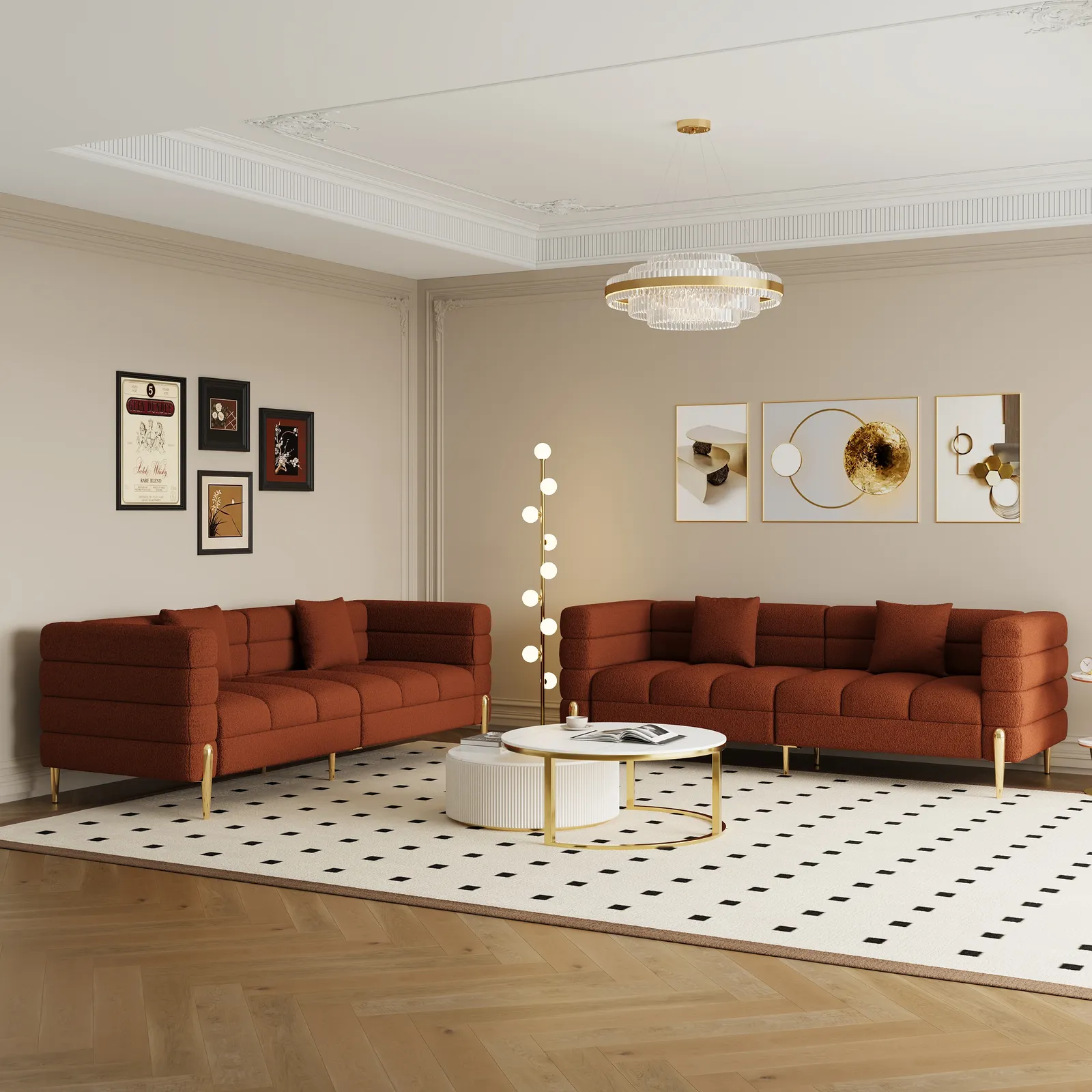 200 cm Modern Boucle Upholstered Fluted 3 Seater Sofa for Living Room with pillow Set of 2