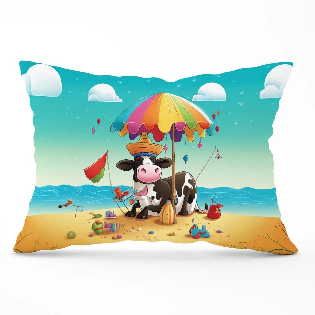Warren Reed - Designer Cow On A Beach Holiday Cushions in Yellow