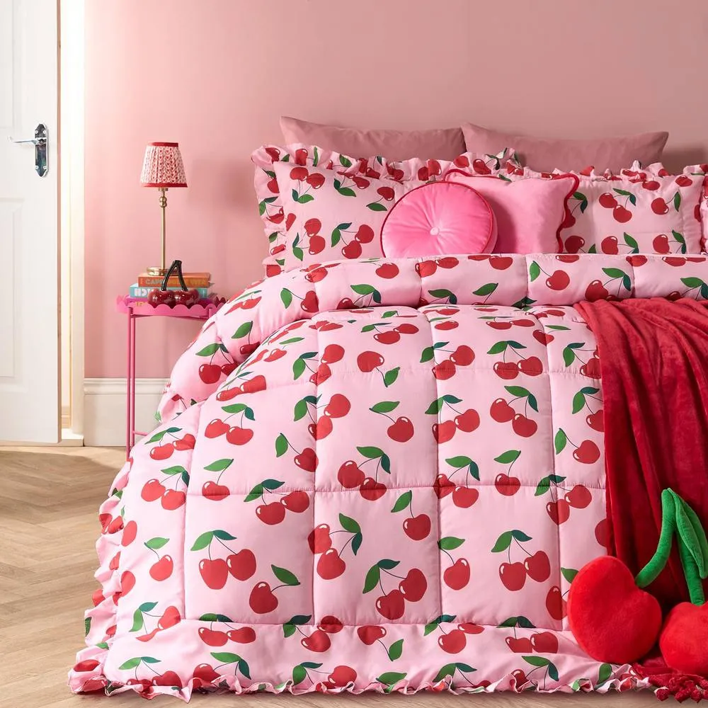 OHS Cherry Frill Edge Coverless 7.5 Tog Duvet Set with Pillowcase in Pink