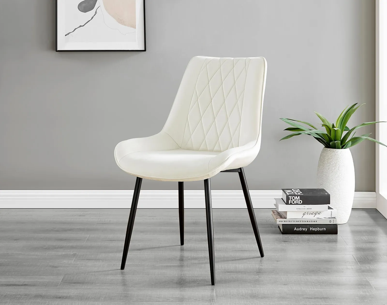 FurnitureboxUK Set of 2 Pesaro Luxury Velvet Dining Chairs With Diamond Stitched Back & Black Metal Legs in Cream 2