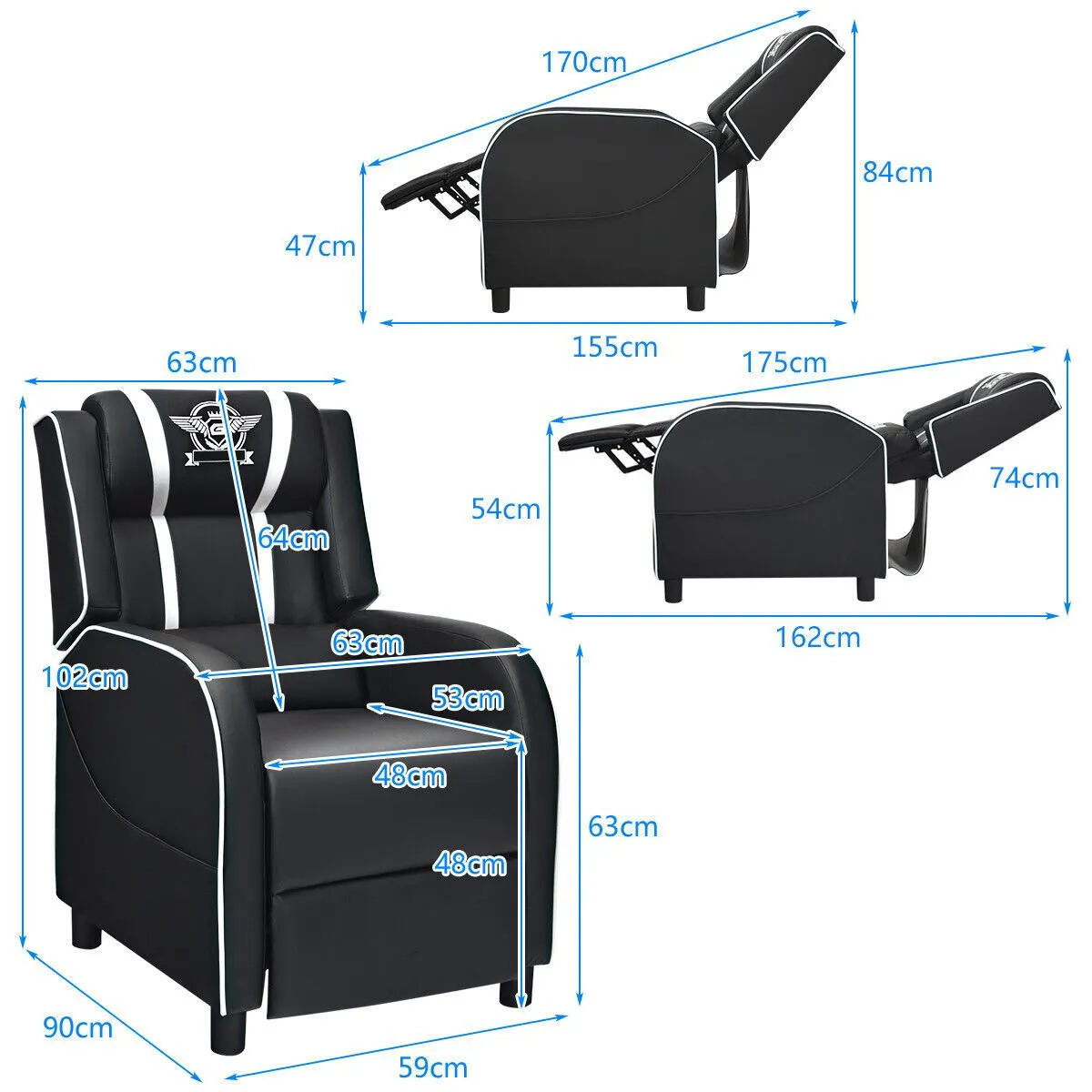 Costway Gaming Recliner Chair PU Leather Single Recliner Sofa Adjustable w/ Footrest in White 3