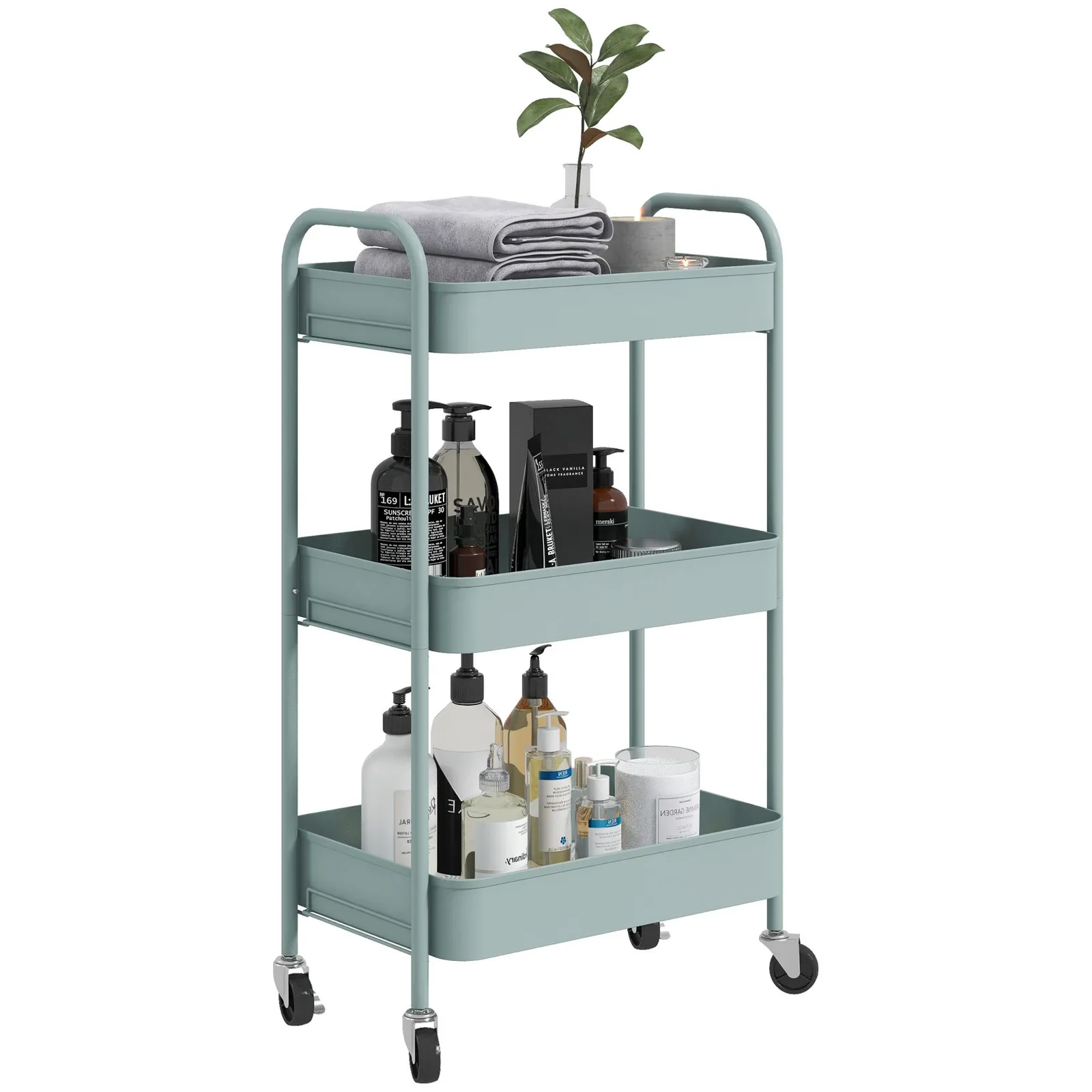HOMCOM 3 Tier Rolling Utility Cart with 3 Mesh Basket in Light Blue 2