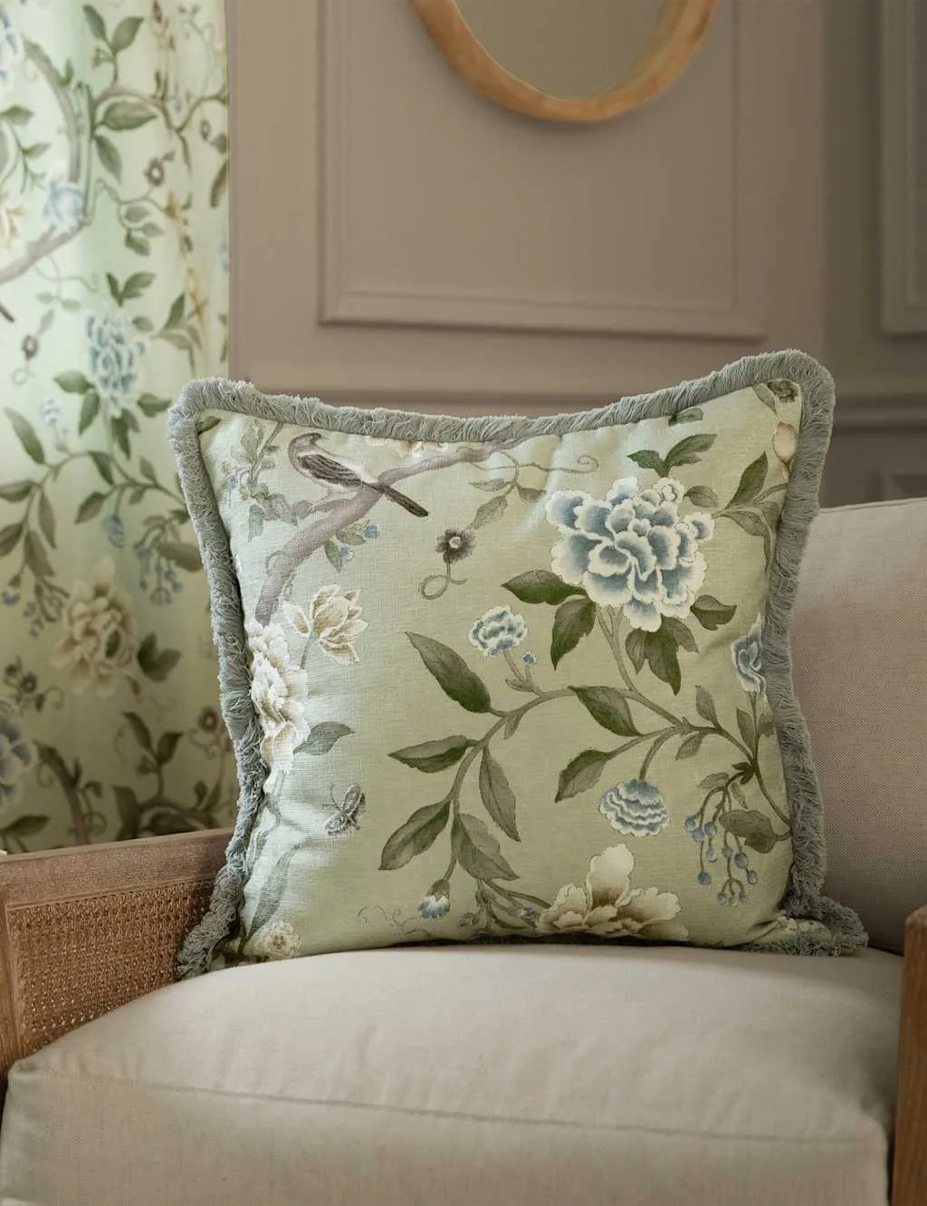Sanderson Chenille Porcelain Garden Cushion Green Mix