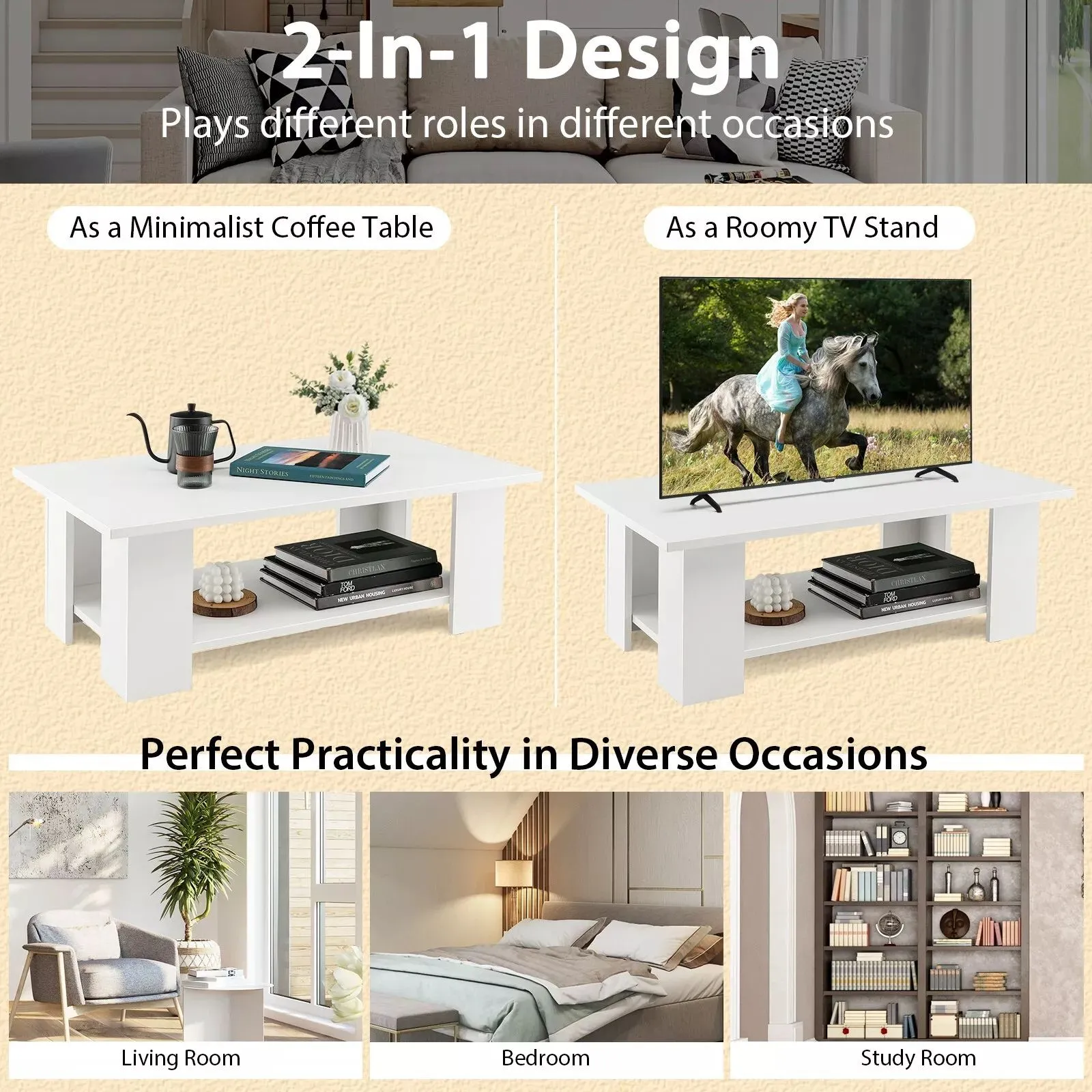 Costway 2-tier Modern Coffee Table Center Cocktail Table Wooden Accent Table in White 4